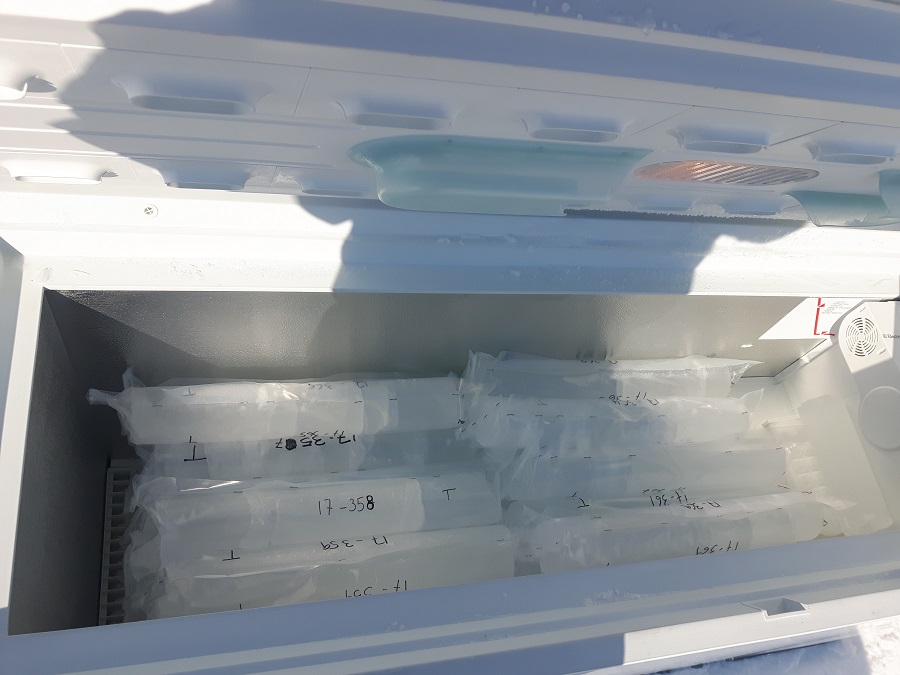 Ice cores collected and stored.